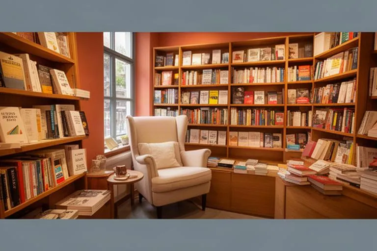 Warme leeshoek in een boekhandel in Rumst met boekenplanken en een stoel bij het raam