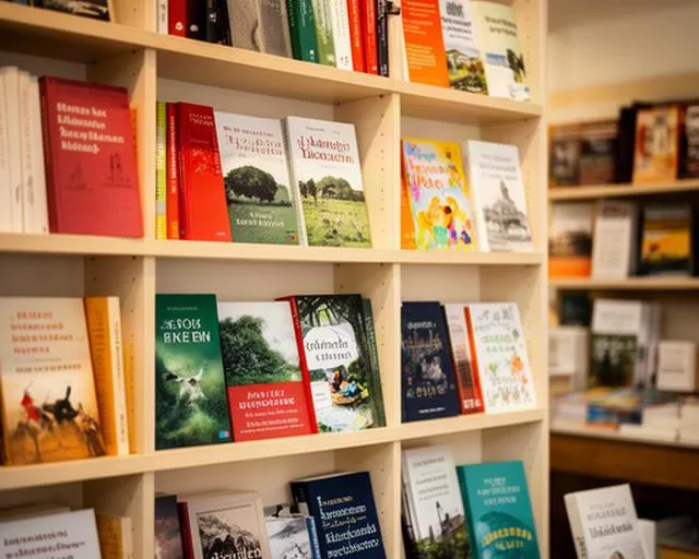 Boekenkast met Nederlandstalige romans, kinderboeken en lokale uitgaven in een rustige boekhandel